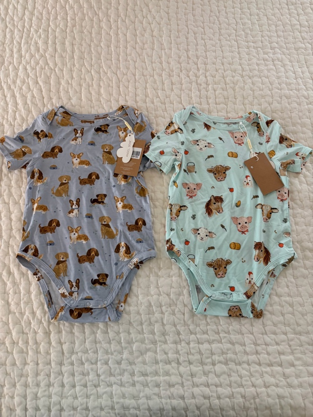 NWT Angel Dear Bamboo Short Sleeve Bodysuit - Bundle of 2 - Farm & Puppy Print